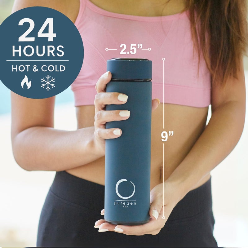 Pure Zen Tea Thermos with Infuser for Hot and Cold Infusions - Stainless Steel - Tea Infuser Bottle - Leakproof Travel Mug with Filter - 15oz - Blue - Image 2